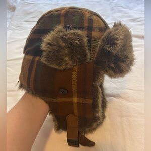 D&Y Winter Faux Fur Trapper Hat One Size Plaid Ear Flaps Adjustable Neck Strap
